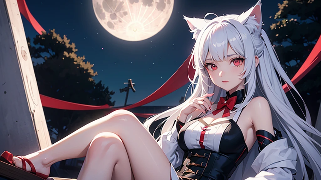 อะนิเมะสาว with white hair and red eyes sitting in front of a full moon, นางแมวขาว, ด้วยดวงตาที่เปล่งประกายสีแดง, อะนิเมะสาวแมวที่สวยงามมาก, ดวงตาสีแดงเปล่งประกาย, beautiful อะนิเมะแมวสาว, อะนิเมะแมวสาว, Holo เป็นสาวหมาป่า, ศิลปะดิจิทัล Danganronpa, (อะนิเมะสาว), อะนิเมะสาว with cat ears, อะนิเมะสไตล์ 4k