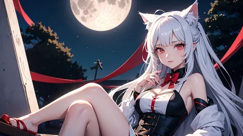 Anime Girls with white hair and red eyes sitting in front of a full moon, White cat lady, With eyes that glow red, Very Beautifu...