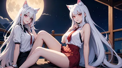 Anime Girls with white hair and red eyes sitting in front of a full moon, White cat lady, With eyes that glow red, Very Beautifu...