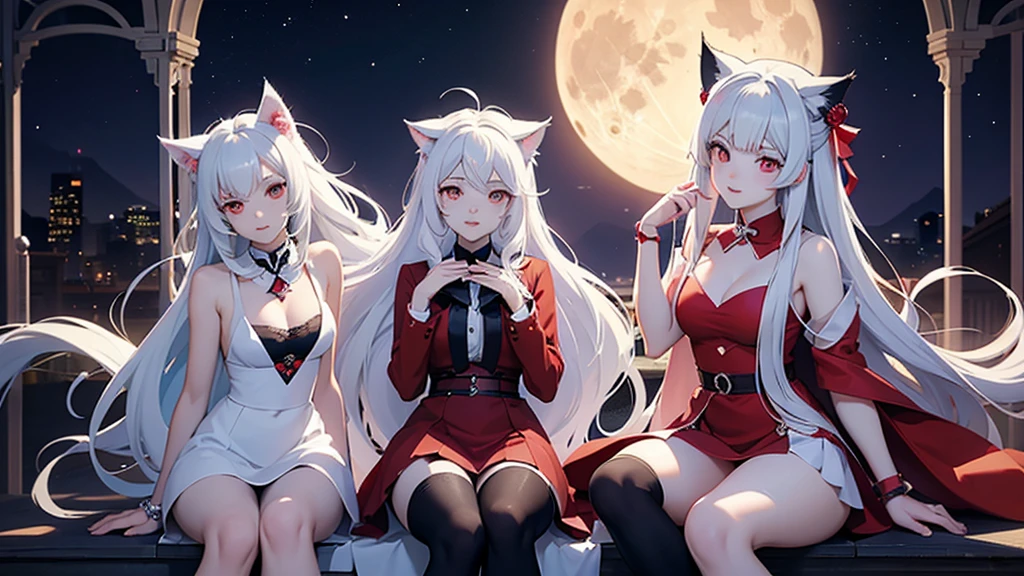 Anime Girls with white hair and red eyes sitting in front of a full moon, White cat lady, With eyes that glow red, Very Beautiful Anime Cat Girl, Red eyes glow, beautiful Anime cat girl, Anime cat girl, Holo is a wolf girl, Danganronpa digital art, (Anime Girls), Anime Girls with cat ears, Anime Style 4k