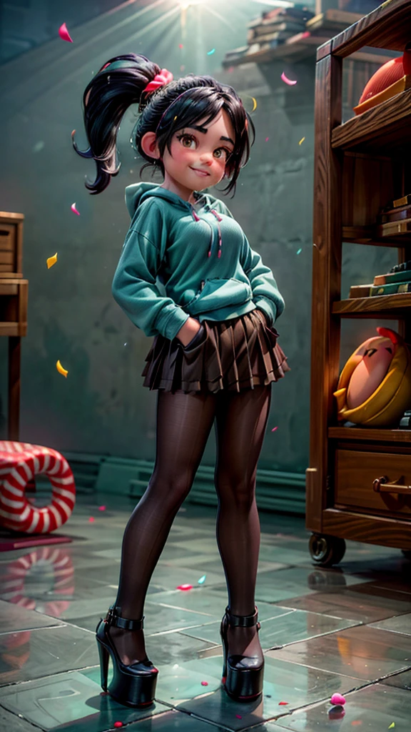 [Wreck_It_Ralph_Movie], ((masterpiece)), ((high quality)), ((HD)), ((beautiful portrait)), ((front view)), ((full body)), ((feet visible, visible feet, highly detailed feet, barefoot, platform high heels)), ((beautiful background)), {vanellope von schweetz, black hair, red scrunchy, short ponytail, (candy in hair:1.2), (cute half-closed brown eyes), adult woman, beautiful legs, curvy hips, side-boobs, smug smirk, white teeth}, {(aqua sweatshirt), (brown tuffled skirt), (aqua striped pantyhose)}, {(standing on raceway), (hands in pockets), (looking at viewer)}, [Background: (racetrack), (confetti), (blue sky), (bright sun), (sun rays)]