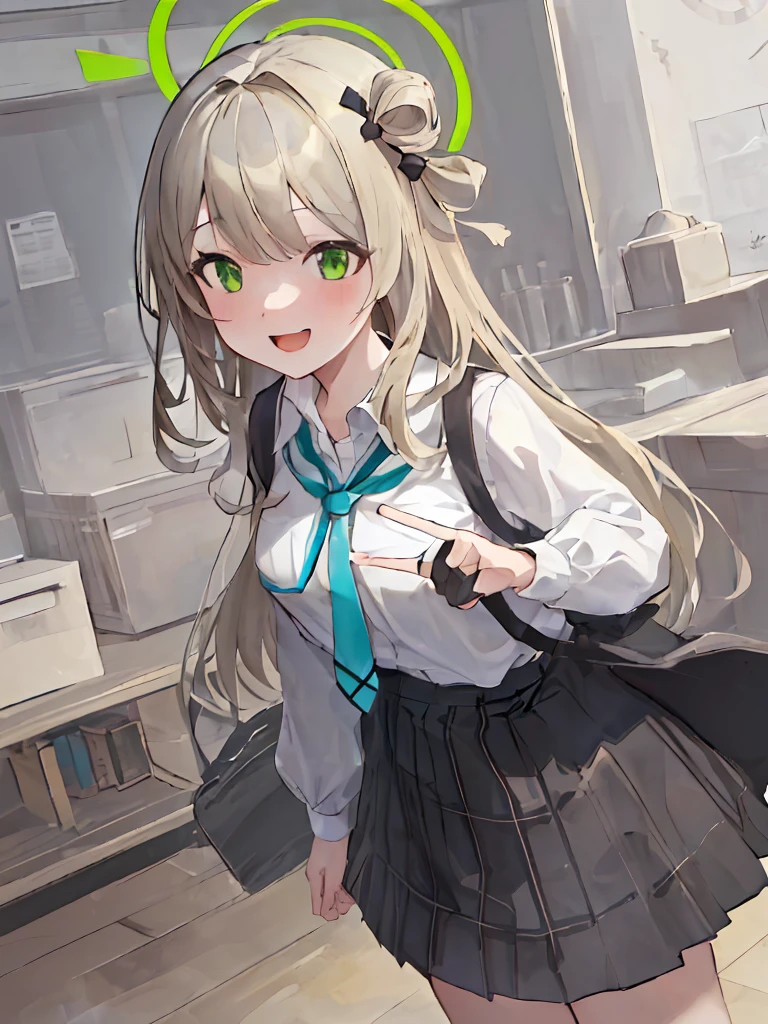 (masterpiece:1.2), best quality, highres, original, (extremely detailed:1.2), ultra-detailed, wallpaper, perfect lighting,(extremely detailed CG:1.2), 8k, anime illustration, 1girl, solo, nonomi \(blue archive\), (open the mouth, laughing, happy:1.2), school uniform, plaid skirt, (peace sign:1.1), close-up, standing, (anatomically correct:1.4)