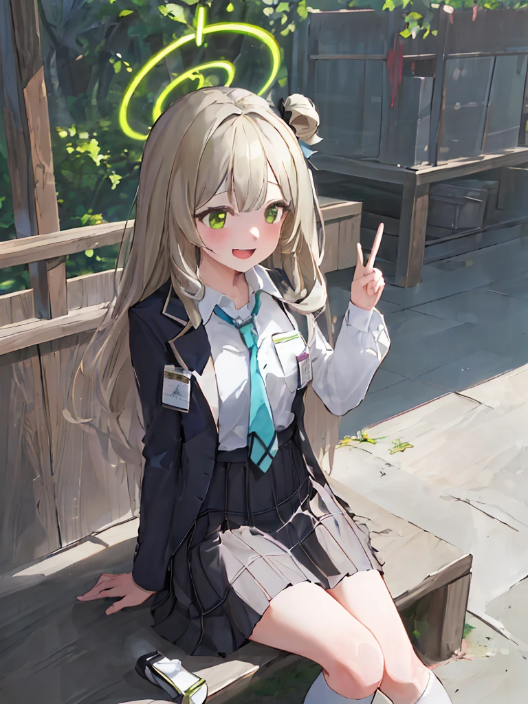 (masterpiece:1.2), best quality, highres, original, (extremely detailed:1.2), ultra-detailed, wallpaper, perfect lighting,(extremely detailed CG:1.2), 8k, anime illustration, 1girl, solo, nonomi \(blue archive\), (open the mouth, laughing, happy:1.2), school uniform, plaid skirt, (peace sign:1.1), close-up, standing, (anatomically correct:1.4)