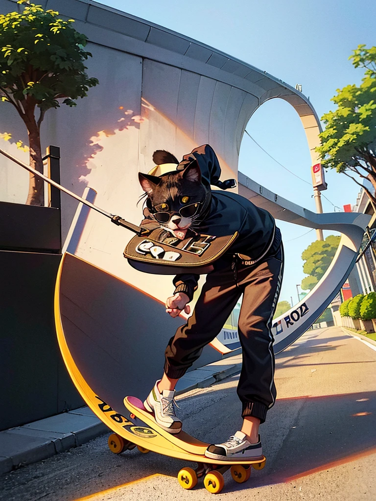 Gato art c4tt4stic, Gato preto de desenho animado com jaqueta com skate, oculos de sol,com jaqueta preta de couro,Cat standing with skateboard in oc paws* good illustration image of a Cat in a jacket with sunglasses with a skateboard