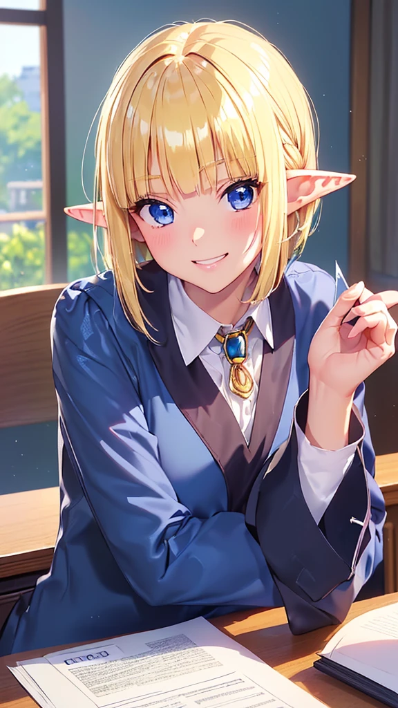 ((Very close))、((Focus on the upper body))、16k、masterpiece、High resolution、High resolution、((1 young elven female))、((Beautiful blonde))、short hair、((Beautiful Blue Eyes))、((Pointy Ears))、Smiling Kindly、Grin、blush、Pink Lip Gloss、((Shiny skin))、((Navy blue long sleeve business suit、Bolo tie))、((Business Office、desk、document))、