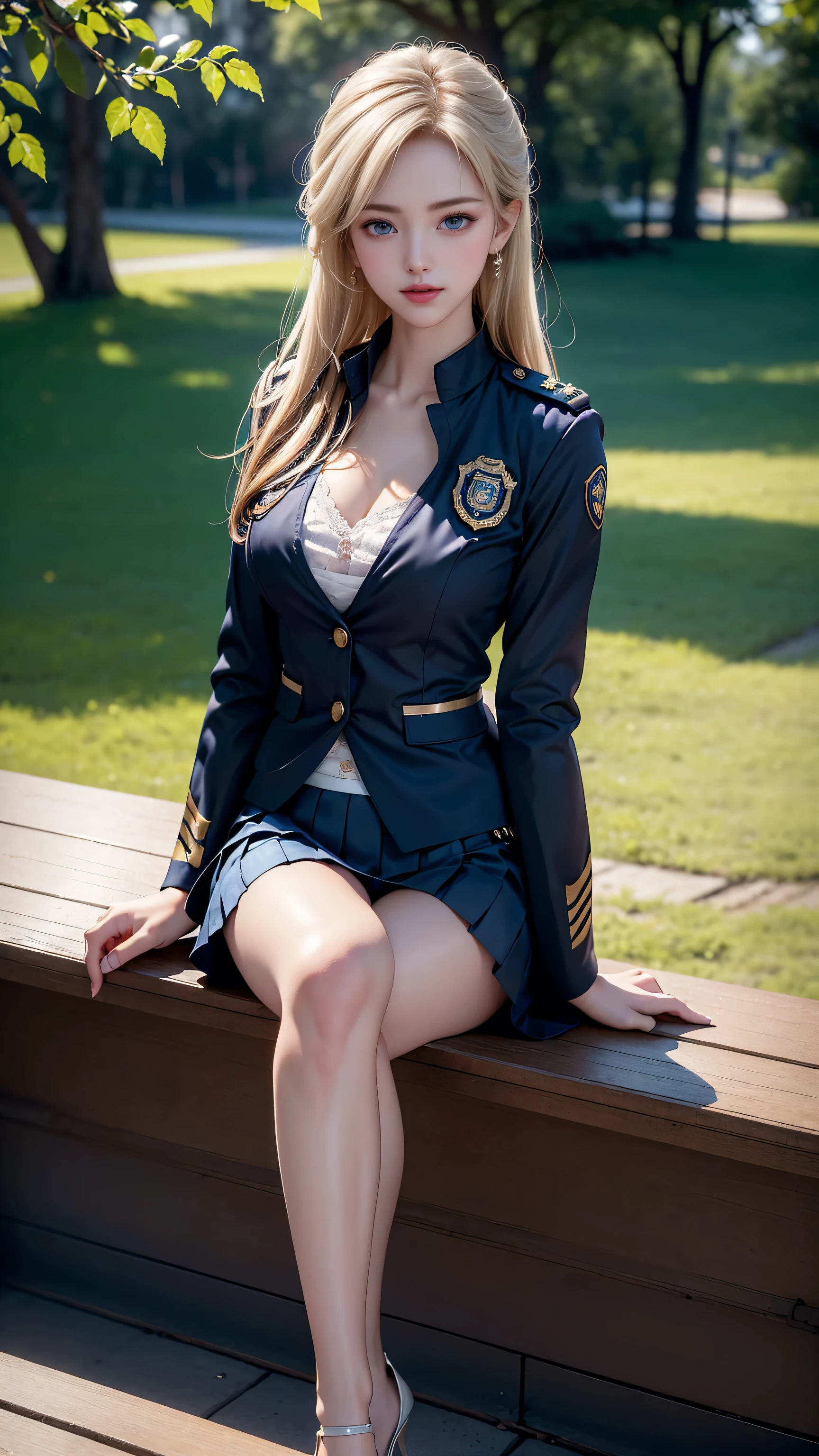 ((Policewoman sitting on a park bench)),Highest quality work,Live-action work,Ultra Premium Graphics,8K HD CG Works,High Quality Graphics,High-definition CG works,10x pixels,Ultra-fine detail：1.1,High level of technical detail：1.1 Photorealistic,Natural light：1.5. Lighting Effects（Virtual Lighting Effects：1． 8）、（Golden White Shorthair）、（Bob Hair）、Thin eyebrows、High nose、Nice red lips、Rose Cheek、Casual makeup face、Cute Face、Perfectly balanced face、Light-toned foundation。 A foundation that enhances the transparency of your skin。 ((female officer:1.5)),((Navy blue jacket with emblem on chest)),((Semi-transparent light blue blouse)),((Navy blue tight skirt))。40k, photograph, On the table, Highest quality, Rain Background, ((1.A girl with beautiful eyes and light hair, White skin, Mr.A Pose.((Medium chest::1.1)), Highest quality, On the table, Ultra-high resolution, (Real::1.4), RAWphotograph, (Perfect figure), (slim::1. 3), Slim abdomen, Perfect slim figure, Dynamic Pose, One person, Cold light 12000K, Fine face and skin texture, Fine grain, Realistic eyes, Beautiful fine grain, (real skin), charm, Ultra-high resolution, Surreal, Very fine,Long legs、High heels、（Smile）、（I see white panties、