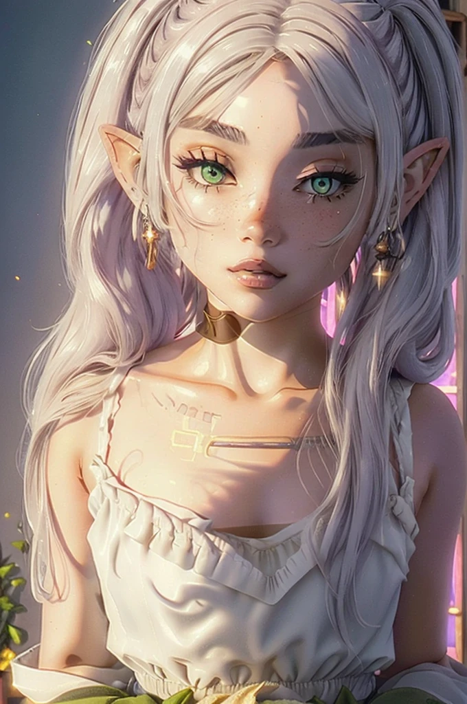 best quality, intricate details,
1girl, senna \(league of legends\), 1girl, dark-skinned female, dreadlocks, hooded cape, green eyes, solo, detailed face, ultra detailed eyes, looking at viewer, cowboy shot, upper body, lich, necromancer, undead, brightness, light rays, hehehe®,1girl,solo,elf,white hair,grey hair,earrisleeveless dress,white dress,sleeveless dress,bare shoulders,collarbone,ngs,pointy ears,long hair,ponytail,green eyes,twintails,parted bangs,thick eyebrows,nsfw,small breasts,cleavage,arms behind back,, 20yo,Young female,Beautiful Finger,Beautiful long legs,Beautiful body,Beautiful Nose,Beautiful character design, perfect eyes, perfect face,expressive eyes,
looking at viewer,
official art,extremely detailed CG unity 8k wallpaper, perfect lighting,Colorful, Bright_Front_face_Lighting,shiny skin, 
(masterpiece:1.0),(best_quality:1.0), ultra high res,4K,ultra-detailed,
photography, 8K, HDR, highres, absurdres:1.2, Kodak portra 400, film grain, blurry background, bokeh:1.2, lens flare, (vibrant_color:1.2), (beautiful_face:1.5),(narrow_waist), ,NSFW,, Exquisite visuals, high-definition,masterpiece,best quality,
 