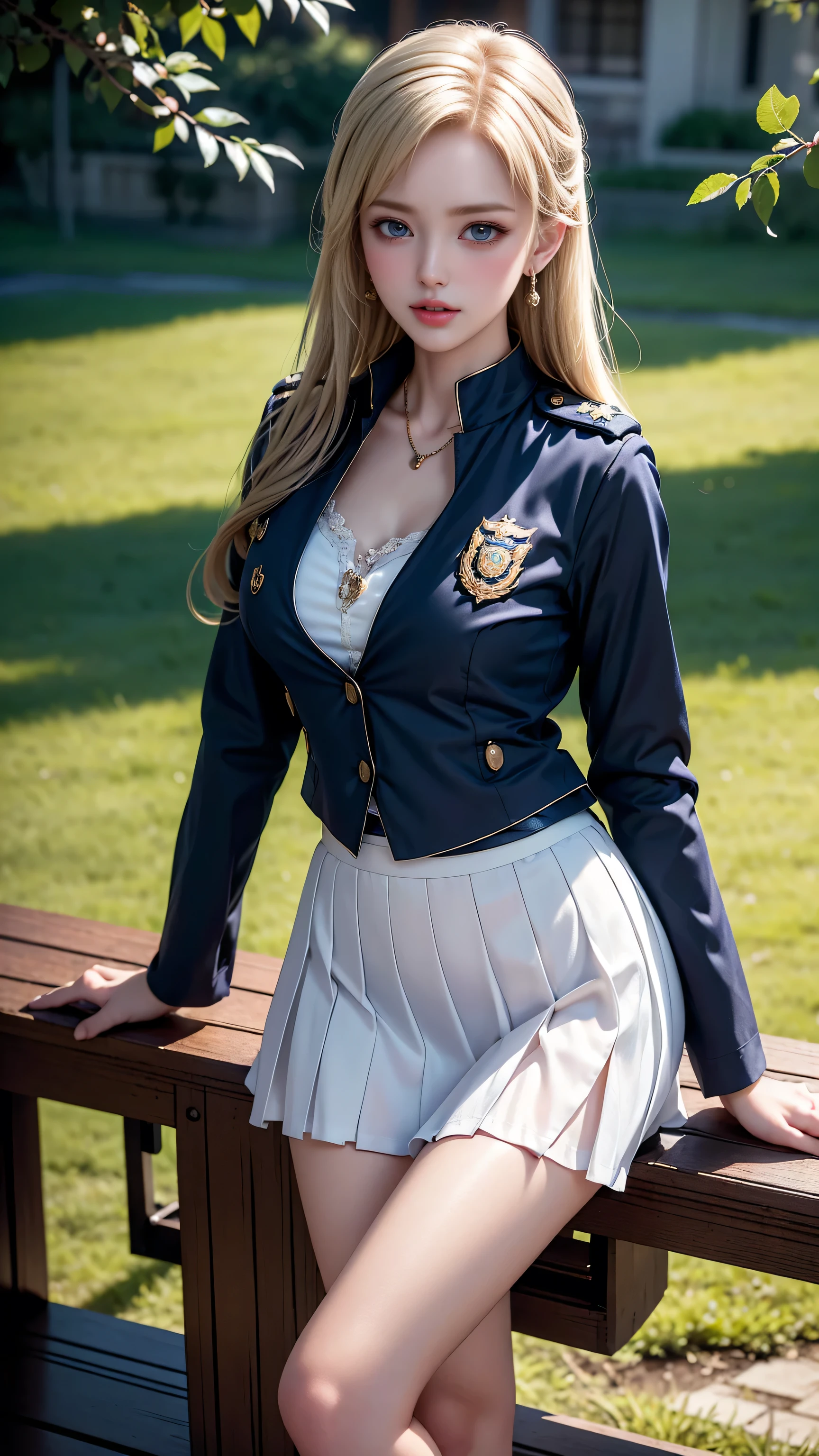 ((Policewoman sitting on a park bench)),Highest quality work,Live-action work,Ultra Premium Graphics,8K HD CG Works,High Quality Graphics,High-definition CG works,10x pixels,Ultra-fine detail：1.1,High level of technical detail：1.1 Photorealistic,Natural light：1.5. Lighting Effects（Virtual Lighting Effects：1． 8）、（Golden White Shorthair）、（Bob Hair）、Thin eyebrows、High nose、Nice red lips、Rose Cheek、Casual makeup face、Cute Face、Perfectly balanced face、Light-toned foundation。 A foundation that enhances the transparency of your skin。 ((female officer:1.5)),((Navy blue jacket with emblem on chest)),((Semi-transparent light blue blouse)),((Navy blue tight skirt))。40k, photograph, On the table, Highest quality, Rain Background, ((1.A girl with beautiful eyes and light hair, White skin, Mr.A Pose.((Medium chest::1.1)), Highest quality, On the table, Ultra-high resolution, (Real::1.4), RAWphotograph, (Perfect figure)