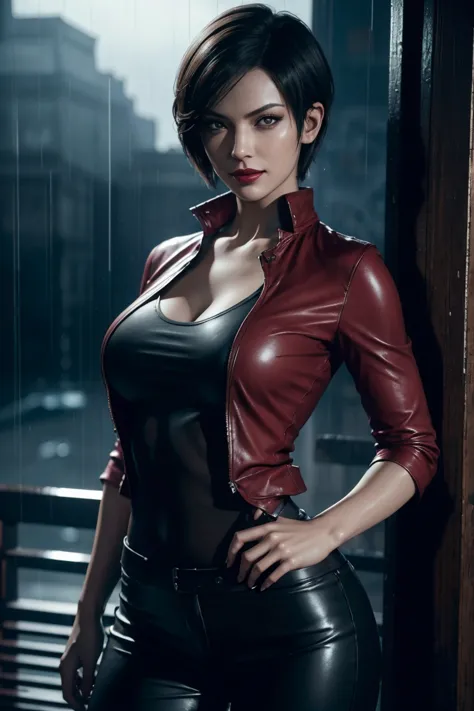 resident evil 6,ada,short hair,red shirt,stand up your collar,black leather pants,photorealistic,ultra hd,high quality,masterpie...