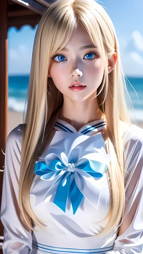 Beautiful girl with a pretty face、beautiful blonde straight super long hair、Half Body Shot、Beautiful long bangs hanging over the...