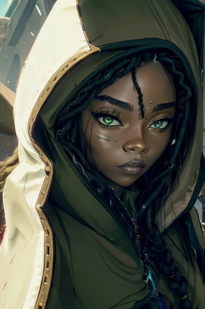 best quality, intricate details,
1girl, senna \(league of legends\), 1girl, dark-skinned female, dreadlocks, hooded cape, green eyes, solo, detailed face, ultra detailed eyes, looking at viewer, cowboy shot, upper body, lich, necromancer, undead, brightness, light rays, 
 