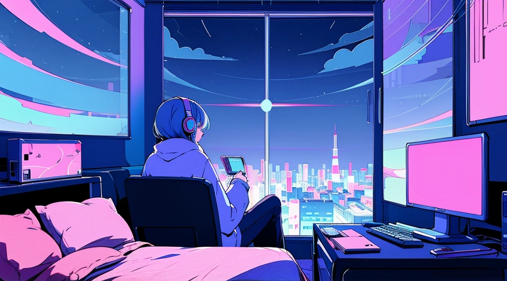 (from behind), Anime girl sitting in front of a computer in a cozy bedroom, girl listening to music in a cozy room (night), Using headphones, on the roof, (beautiful night views from windows), lots of things, 2D anime style, The aesthetics of anime in the 90s, lo-fi, very detailed, hard disk, A mix of anime style and Fujifilm, surreal, 8k, masterpiece