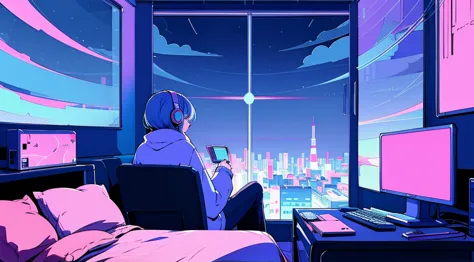 (from behind), Anime girl sitting in front of a computer in a cozy bedroom, girl listening to music in a cozy room (night), Usin...