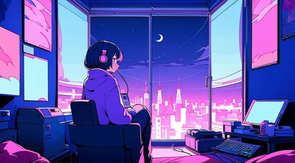 (from behind), Anime girl sitting in front of a computer in a cozy bedroom, girl listening to music in a cozy room (night), Using headphones, on the roof, (beautiful night views from windows), lots of things, 2D anime style, The aesthetics of anime in the 90s, lo-fi, very detailed, hard disk, A mix of anime style and Fujifilm, surreal, 8k, masterpiece