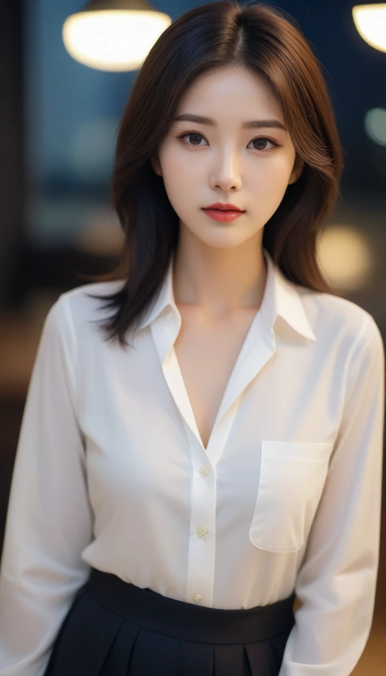 Close-up of a beautiful Korean woman, 29&quot; chest, Wearing a long-sleeved shirt, skirt, elegant expression, Look directly into the camera, Place a cup of coffee in the apartment, Bokeh background, night, Short hair front view, Ultra HD