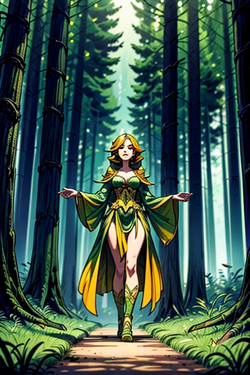 A beautiful woman is walking in the middle of a forest, she's offering her hand, green, orange and gold,like a living organism, shining bright, dressed with symmetrical designs of leaves and arabesques, adorned with yellow lights, green forest scenario, masterpiece, highly detailed, 3d modelling, 4k resolution, Caza art, digital art, photographic