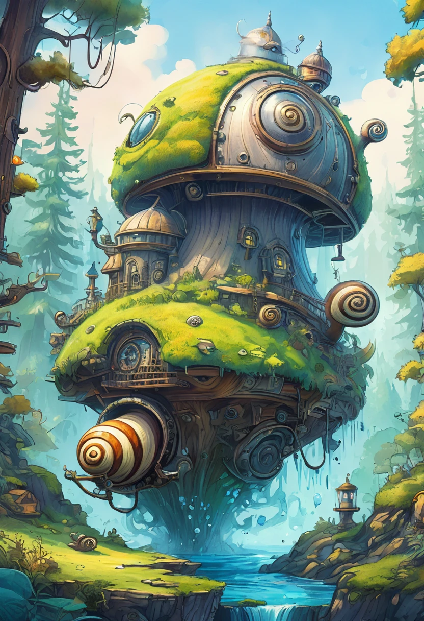 Schnecke im Steampunk-Stil in einem fantastischen Wald, Nordische Fantasie, Cartoon-Stil, Aquarellstil, perfekte Illustration, Ölzeichnung, Skizzenbuch,. 