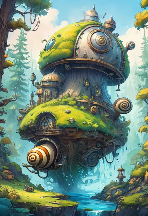 Snail steampunk style in a fantastic world forest, Nordic fantasy, cartoon style, water color style, perfect illustration, oil d...
