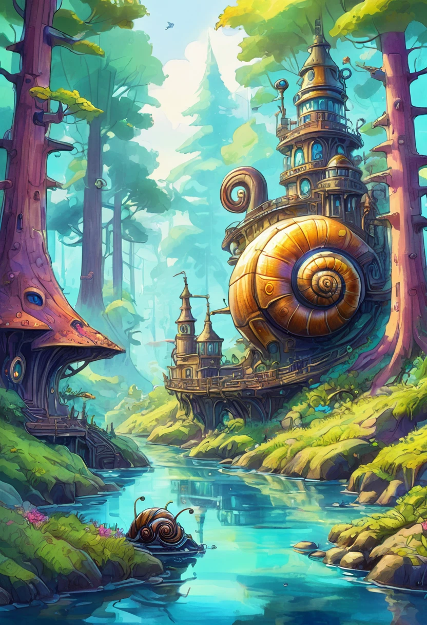 Snail steampunk style in a fantastic world forest, Nordic fantasy, cartoon style, water color style, perfect illustration, oil draw, sketchbook,. 