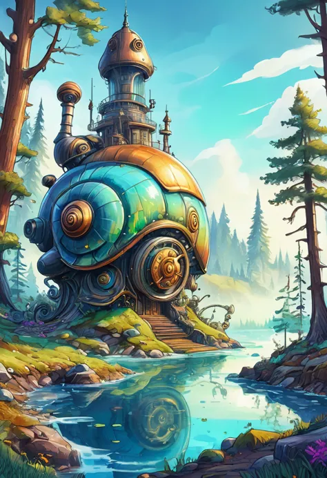 snail steampunk style in a fantastic world forest, nordic fantasy, cartoon style, water color style, perfect illustration, oil d...