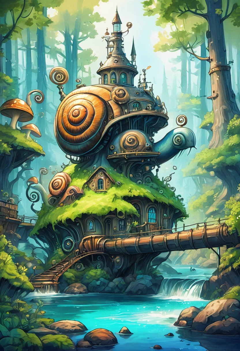 Style steampunk d&#39;escargot dans une forêt du monde fantastique, Fantaisie nordique, style dessin animé, style d&#39;aquarelle, illustration parfaite, tirage d&#39;huile, carnet de croquis,. 