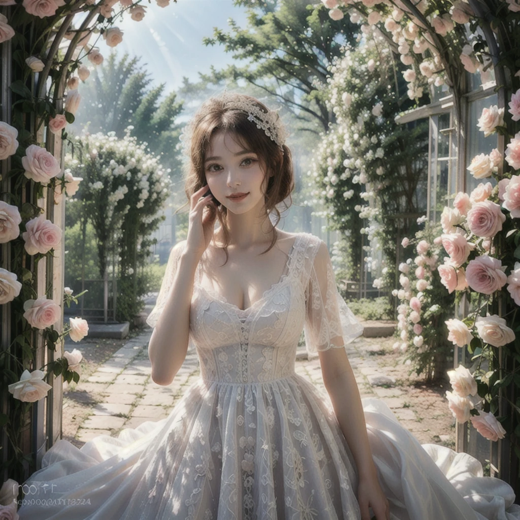 photograph,(Holy and beautiful girl:1.2),(goddess:1.2),(Wearing a white wedding dress:1.1),(Pigalle:1.2),Cleavage,(The hustle and bustle:1.1),(Head ornament:1.1),happiness,smile,
Flower Tunnel,Vivid Rose,(Rim Light:1.1),, (masterpiece:1,2), Highest quality, masterpiece, High resolution, original, Highly detailed wallpaper, Perfect lighting,(Highly detailed CG:1.2ï¼‰