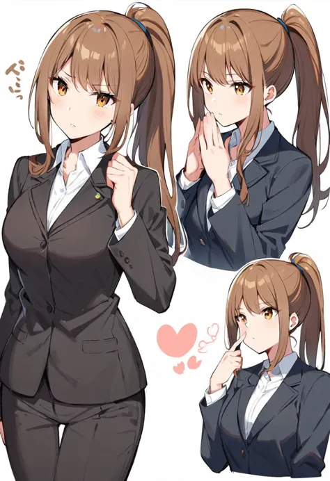 1 Girl, suit, office lady, Black trousers, Black blazer, Brown Hair, Long Hair, teenager, ponytail, Cover your nose with your ha...