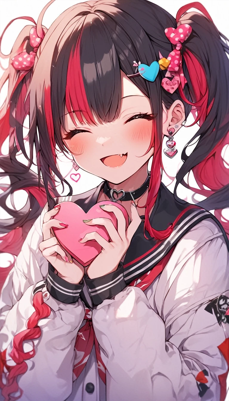 score_9, score_8_superior, score_7_superior, score_6_superior,an anime style picture of a girl with colorful hair holding two hearts, 1girl, multicolored hair, solo, closed eyes, red hair, long hair, twintails, black sailor collar, black hair, smile, sailor collar, jacket, open mouth, hair ornament, fang, long sleeves, heart, blush