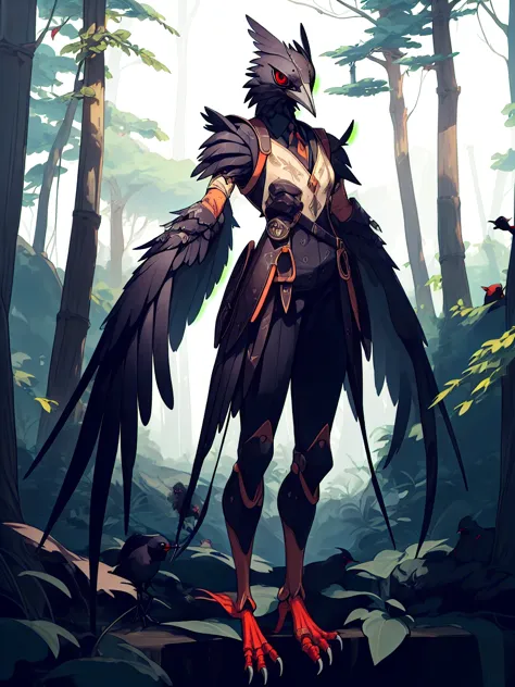 prospect(anthropomorphic crow，wearing ancient adventurer gear，the arms and hands are integrated with the bird&#39;s wings, and t...