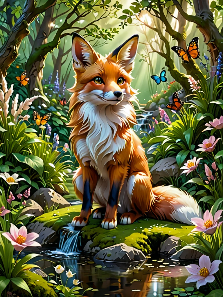 A high-resolution image featuring a realistic of big red (1fox) and little white (1rabbit) in a cheerful and happy setting. The rabbit, with soft white fur and pink-tinted ears, stands upright, its eyes bright and expressive. The fox, with a lush red coat and a bushy tail, sits nearby, displaying a playful demeanor. The scene is set in a softly lit forest clearing, with golden sunlight filtering through the trees, creating shimmering highlights and emphasizing the animals’ fur. The background is detailed with vibrant green foliage, scattered wildflowers, and additional elements like fallen leaves, soft grass, and small bushes, adding richness and natural beauty. A small wooden bridge or moss-covered rock could be included to enhance the scene’s charm. The overall mood is one of natural joy and tranquility, with butterflies fluttering around and small birds hopping nearby. The design style is reminiscent of a fairytale, with harmonious and beautiful natural elements. The high-detail depiction of the animals’ fur and the sharp, realistic presentation of the grass, leaves, and wildflowers create a vivid and lifelike atmosphere.