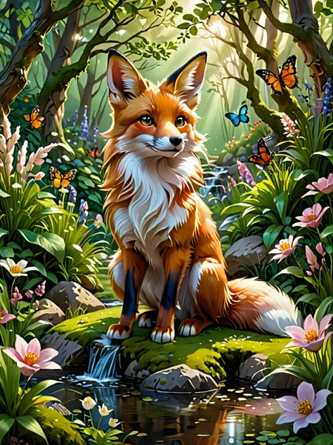 A high-resolution image featuring a realistic of big red (1fox) and little white (1rabbit) in a cheerful and happy setting. The ...