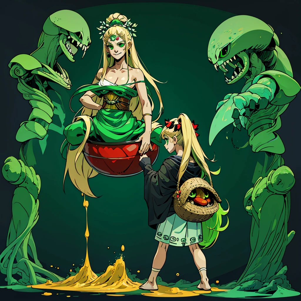 1girl, young, little, 6 years old, chibi, komusume, flat chest, blonde long hair, green clothes, green eyes, innocent expresion, smiling, arachnid style, spider body, background filled fumes, background filled with greek columns, Tartarus scenery, in Tartarus, surrounded by giant greek columns, greek scenery and furniture, detailed background, main character, hades style, Arachne, spider legs coming from her back