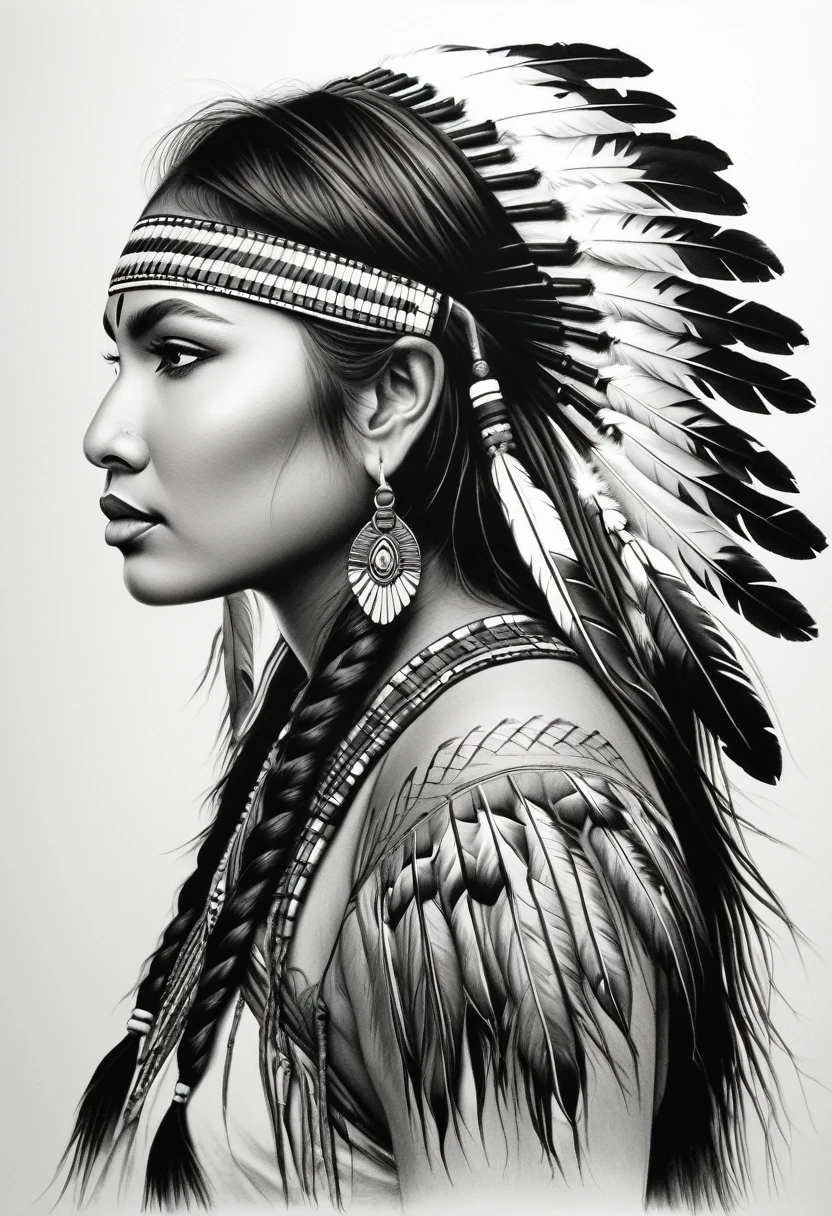 用細黑鉛筆繪製的美洲印第安人的詳細黑白圖畫. 從後面看到的景色, 到尺寸, 她瞇起眼睛看著觀眾, 轉動你的左肩. 美洲印第安人武士妝容, 優雅的捕夢網和花朵紋身. 複雜髮型, 她頭髮上的紅色羽毛. 長長的睫毛, 一位非常美麗、年輕、苗條的印度女人, 白皮膚. 主图, 品質非常高, 摄影精度.