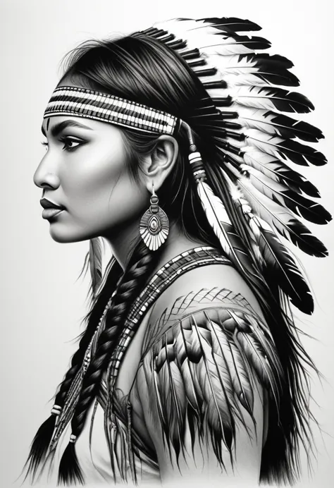 A detailed black and white drawing of an American Indian made with a fine black pencil. The view from the back, to the size, ell...