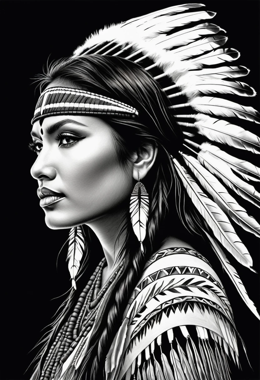 用细黑铅笔绘制的美国印第安人的详细黑白图画. 背面的景色, 大小, 她眯起眼睛看着观众, 转动左肩. 美国印第安战士红妆, 优雅的红色纹身，带有捕梦网和花朵. 复杂的发型, 她头发上的红色羽毛. 长长的睫毛, 一位非常美丽、年轻、苗条的印度女人, 白皮肤. 主图, 质量非常高, 摄影精度.