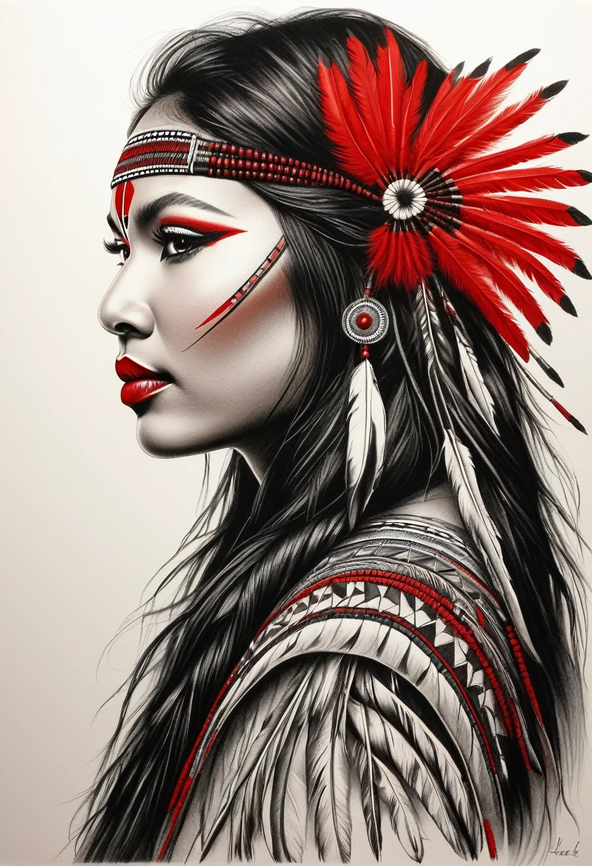 A detailed black and red drawing of a Native American woman made with a fine black pencil. The view from the back, to the size, elle plisse les yeux vers le spectateur, turn your left shoulder. red Native American warrior makeup, tatouages rouges élégants avec des attrapes rêves et des fleurs. complicated hairstyle, plumes rouges dans ses cheveux. long cils, une très belle jeune femme indienne élancée, peau blanche. Master drawing, very high quality, photographic precision.