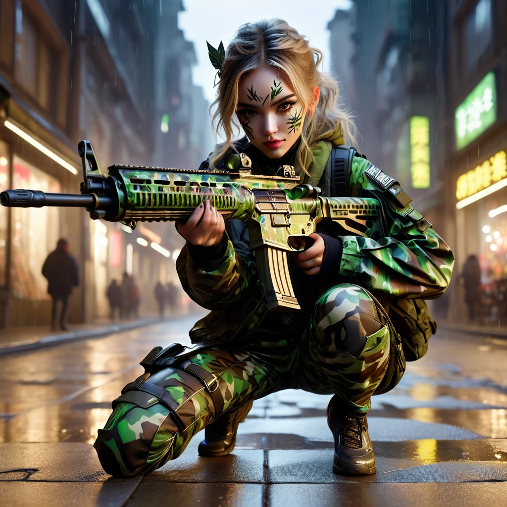 ((A young and very beautiful woman with full body and face painting in night camo is squatting with her legs spread wide.:1.4))、(Shooting from a low angle to emphasize the crotch:1.5)、(Anatomically correct fingers:1.5)、(Carrying an assault rifle)、Attractive hairstyles、Ideal proportions、Porcelain-white skin、looking at the camera、A rainy night street、Detailed face and body、Photorealistic、8k、Super detailed、Cinematic lighting、Dramatic Shadows、Complex clothing folds、Rich environment、Bright colors、