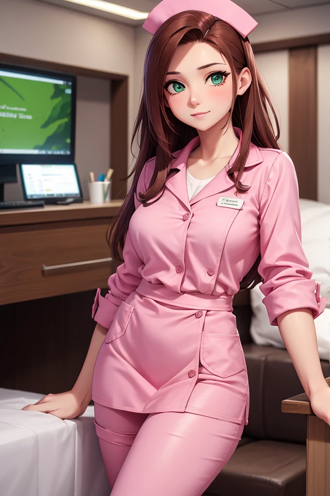 A sexy nurse in pink clothes, brown hair and green eyes