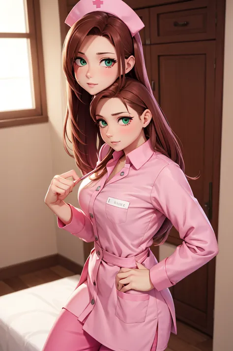 A sexy nurse in pink clothes, brown hair and green eyes
