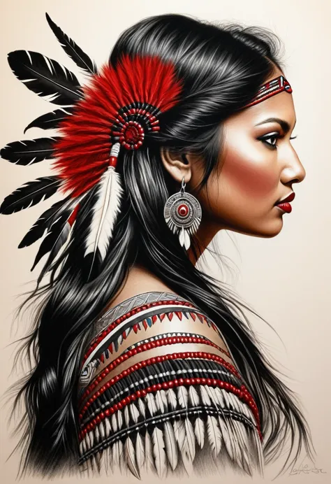 a detailed black and red drawing of a native american woman made with a fine black pencil. the view from the back, to the size, ...