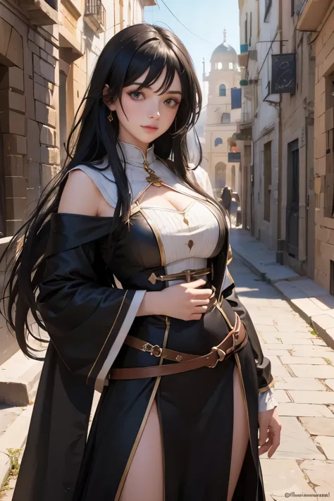 Human girl magician, 25 years old, Mediterranean features, long black hair, busty, medieval fantasy setting