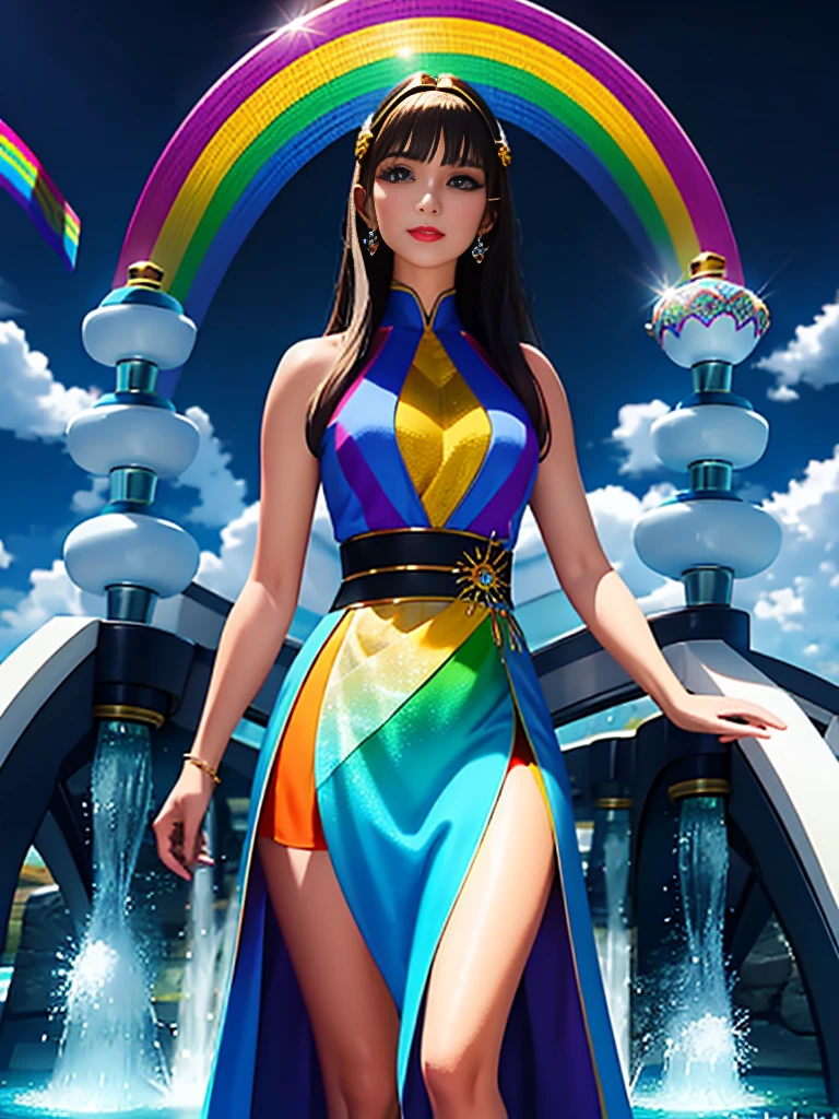 "A stunning digital rendering of a woman with a kaleidoscope of colors in her dress and hair, standing in a cascade of rainbow water, each droplet reflecting a different hue."