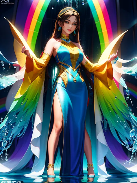 "A stunning digital rendering of a woman with a kaleidoscope of colors in her dress and hair, standing in a cascade of rainbow w...