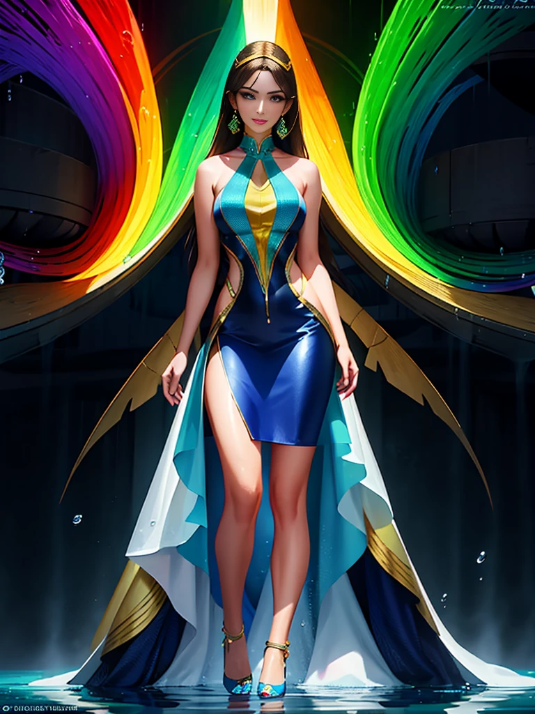 "Uma impressionante representação digital de uma mulher com um caleidoscópio de cores em seu vestido e cabelo, parado em uma cascata de água do arco-íris, cada gota refletindo uma tonalidade diferente."