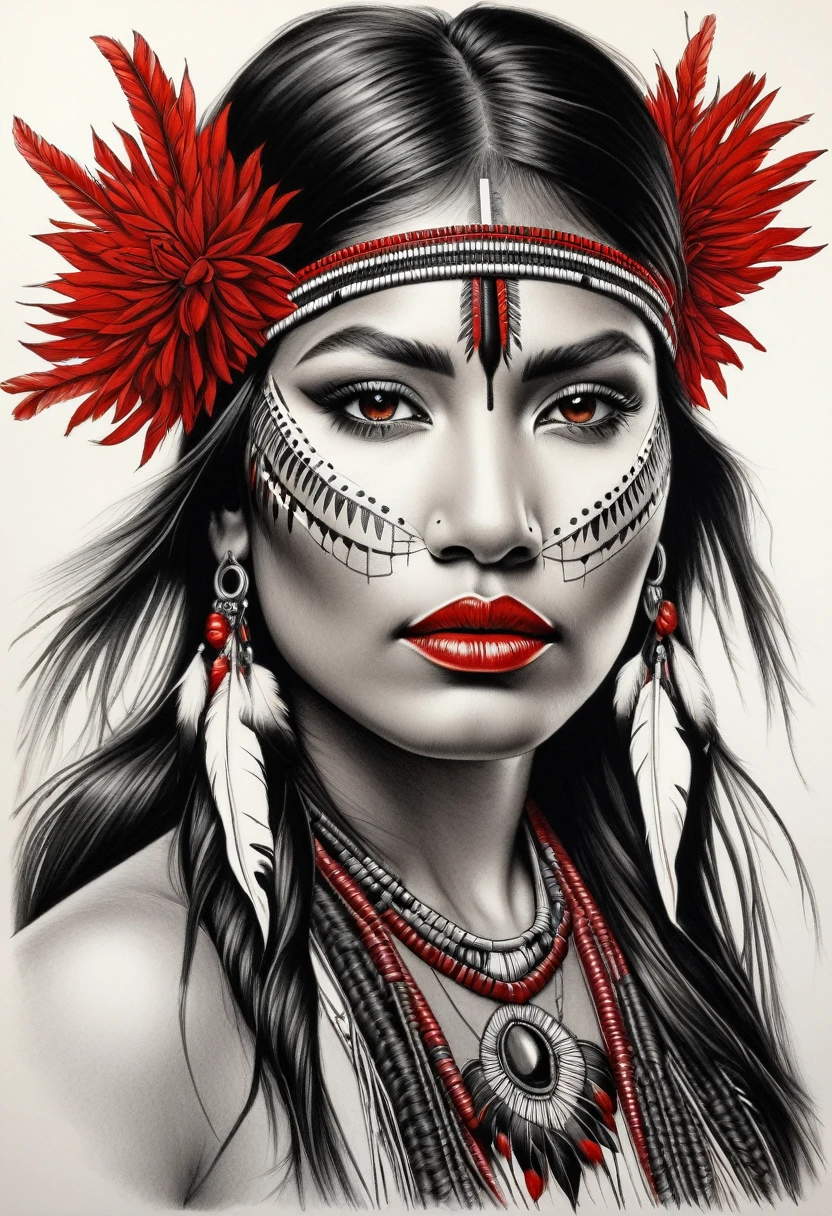 用細黑鉛筆繪製的美國原住民婦女的黑色和紅色詳細圖畫. 她瞇起眼睛看著觀眾, 向我走來, 赤腳. 美國原住民武士妝容, 帶有捕夢網和花朵的時尚紋身. 複雜髮型, 她頭髮上的紅色羽毛. 長長的睫毛, 一位非常美麗、年輕、苗條的印度女人, 白皮膚. 主图, 品質非常高, 摄影精度.