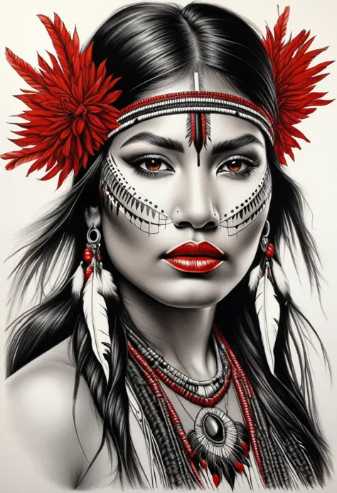 A detailed black and red drawing of a Native American woman made with a fine black pencil. Elle plisse les yeux vers le spectate...