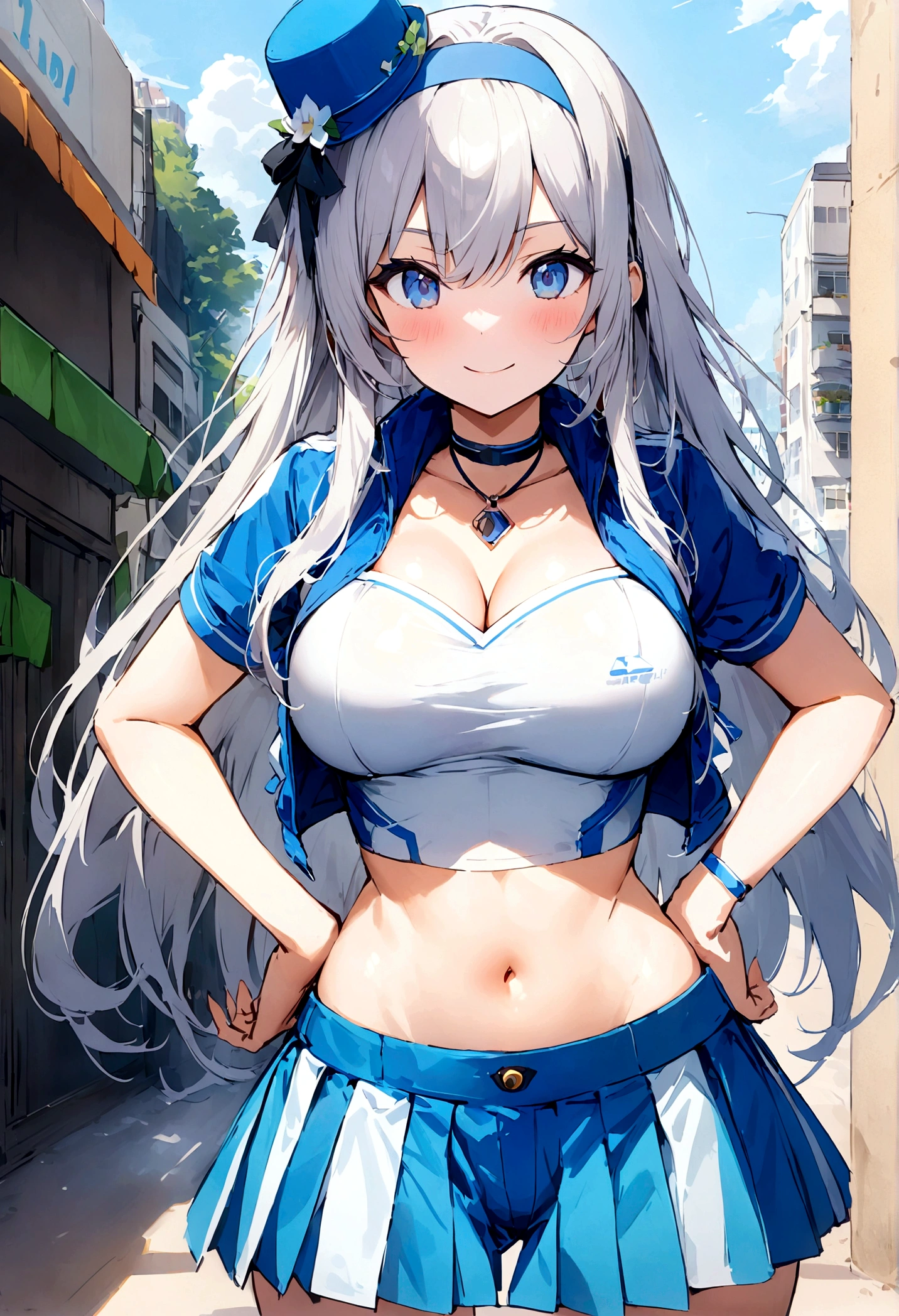 score_9, score_8_up, score_7_up,4k, ,BREAK , (from front,),standing,straight-on,hands on hips,1girl,RACEELIE,silver hair,long hair,HAIRBAND, CHOKER, BLUE HAT, BLUE JACKET, CROPPED JACKET, CLEAVAGE,large breast,, MIDRIFF, BLUE SHORTS, PLEATED SKIRT,(light smile),(daytime and beachside and city), ,(best quality),(aesthetic,very aesthetic),