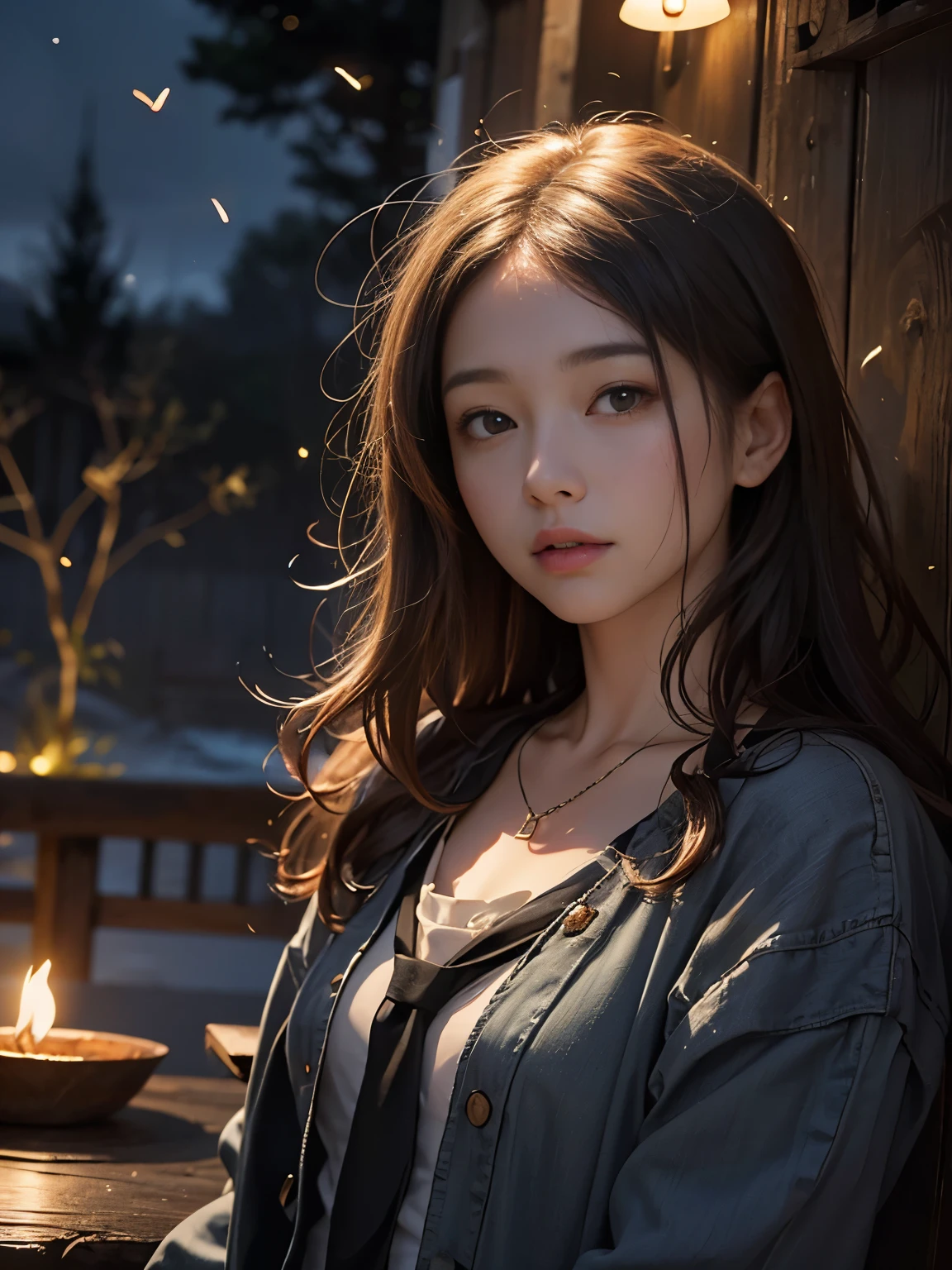 (8k, Highest quality, masterpiece: 1.2), (Realistic, photoRealistic: 1.37), Very detailed, One Girl, Wide viewing angles, Firefly Garden, Small faint lights and fireflies flitting about, night, Yasutomo Oka&#39;s painting style, huge firm bouncing bust, The cleavage is visible, Intricate details, Splash screen, 8K resolution, masterpiece, Gentle smile, Mysterious Background, aura, A gentle gaze, break, blonde, Dynamic sexy pose,