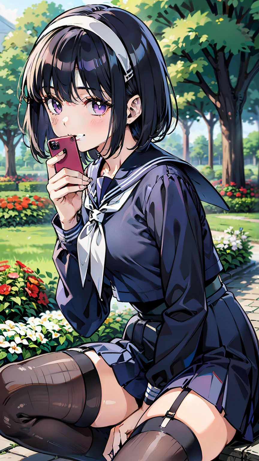 sailor uniform, One Woman, (A beauty woman, Delicate high school girl:1.3), 8K, highest quality, masterpiece, Very detailed, Ultra-high resolution, Realistic, RAW Photos, Absolute Resolution, Black Hair, Bobcut, Small face compared to body, Very small face, Black Hair, ((Navy blue sailor suit)), Navy Blue Skirt, High school girl in sailor suit, 2D Rendering of Anime, ((White headband)), Small breasts, tall, Slanted Eyes, Purple Eyes, Black Stockings, garter belt, Embarrassed smile, garden, (Take a photo with your smartphone:1.3), (Top-down position:1.3), blurry background,