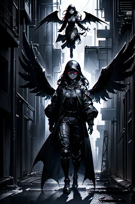 ((((stealthy sophisticated))), 1girl, silhouette, flight, (((gargoyle wings, wingsuit:0.9))), dark eyes, pale skin, ((black hair...